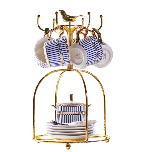 Fine Bone China Afternoon Tea Set with Gold Serving Stand – Blue & White Tea Service