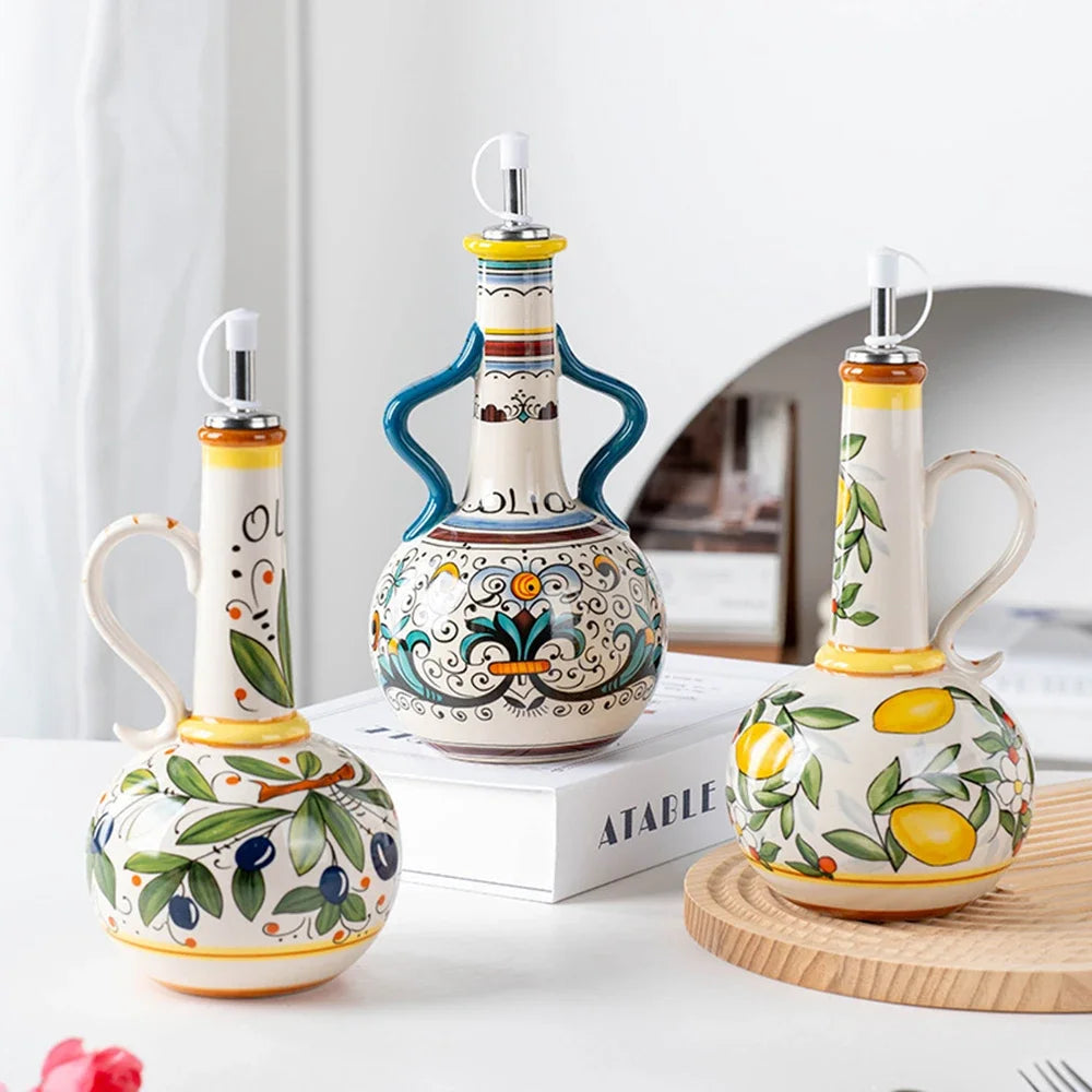 Ceramic Olive Oil Dispenser Bottle | Mediterranean Kitchen Oil Cruet - Olives 500 ml