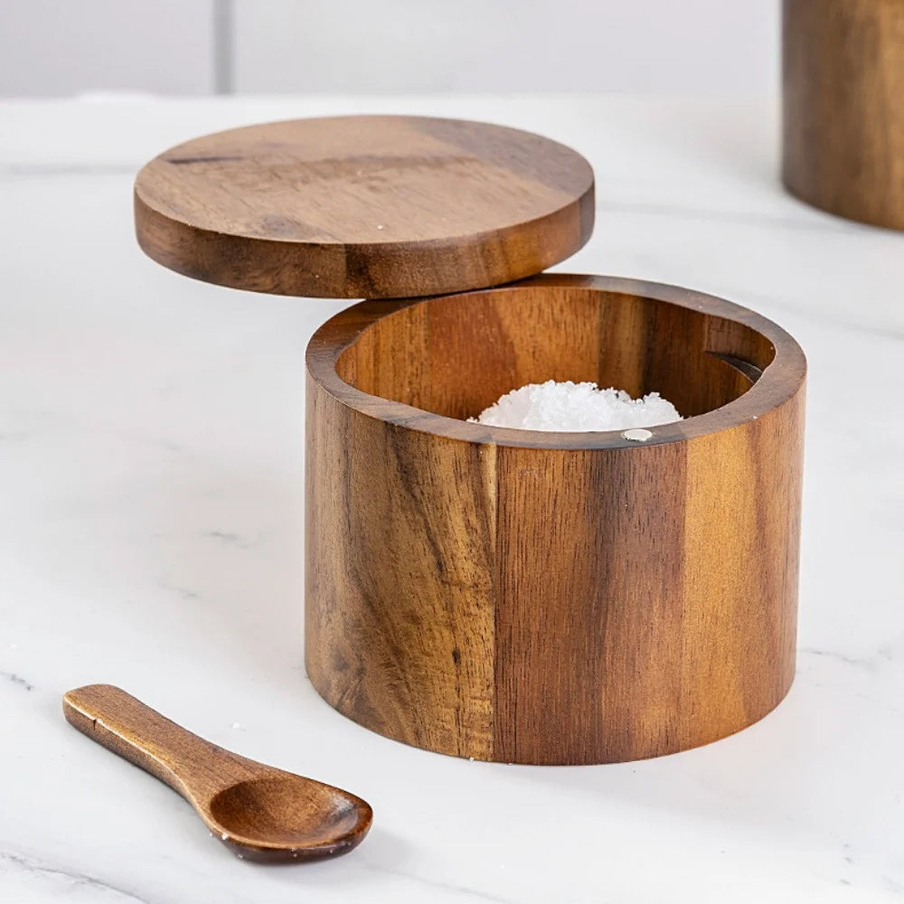 Wooden Salt Pig | Acacia Wood Condiment Jar with Lid and Measuring Spoon