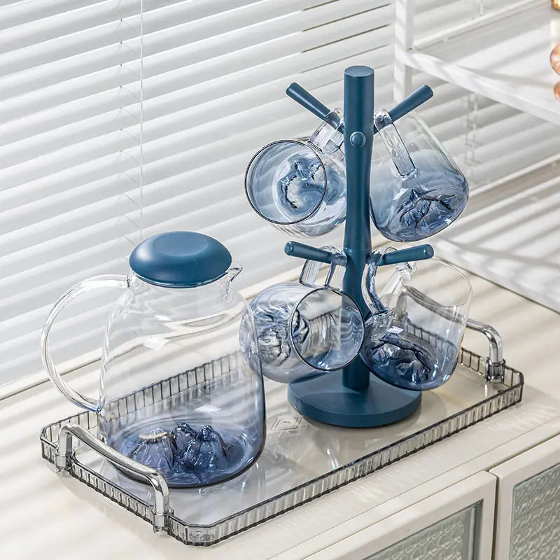 Glass Water & Tea Serving Set with Electric Warming Base – Glass Jug, Matching Glasses, Tray & Cup Holders