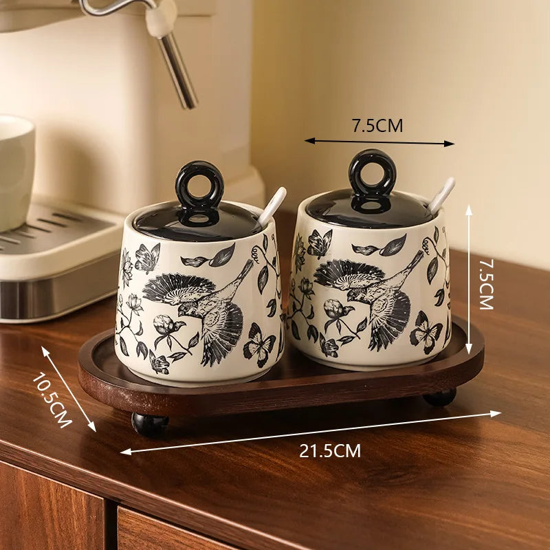 Set of 3 Ceramic Condiment Jars with Spoons