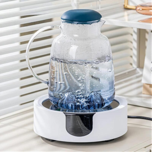 Glass Water & Tea Serving Set with Electric Warming Base – Glass Jug, Matching Glasses, Tray & Cup Holders