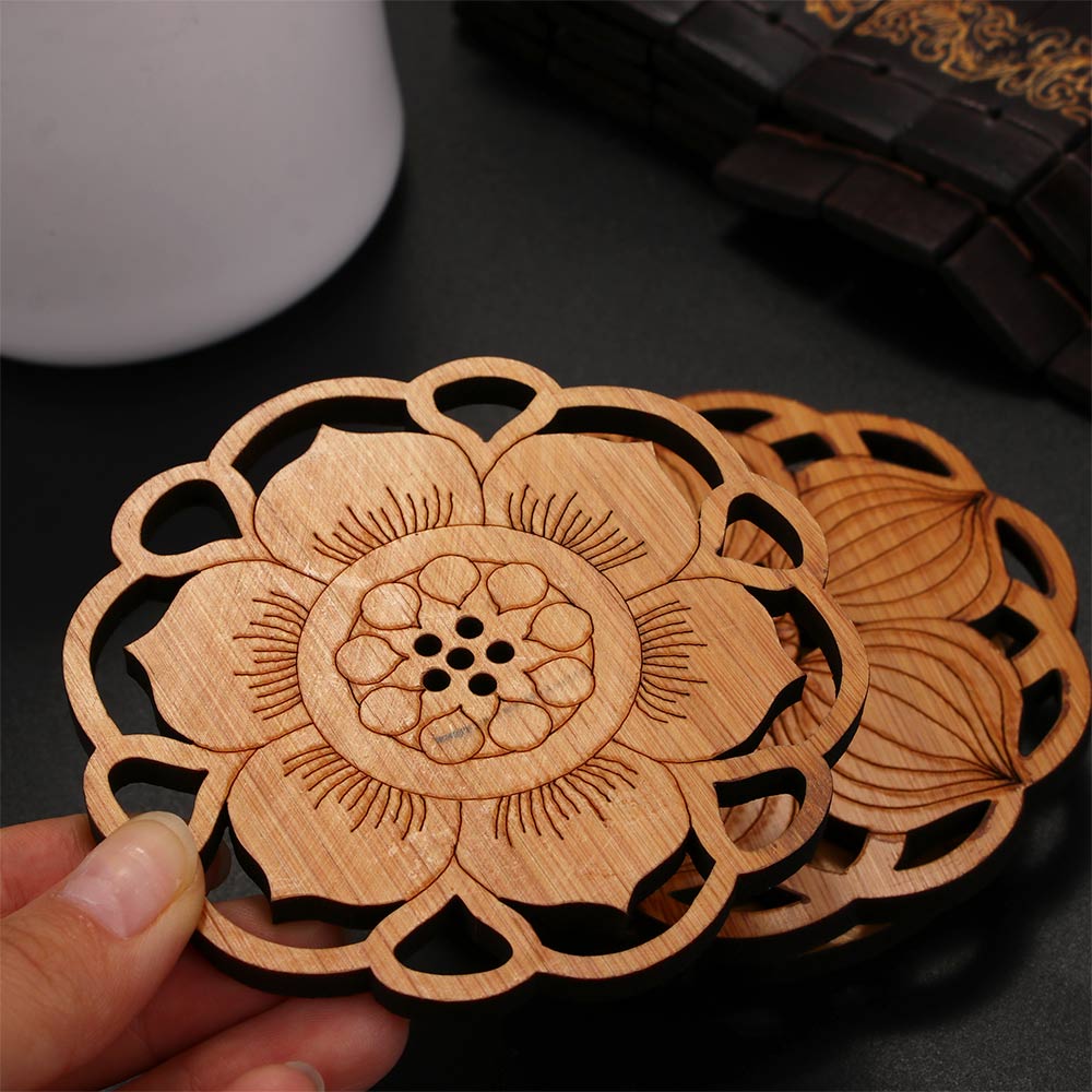 Lotus Shape Drink Coasters Mat Wooden Round Cup Table Mat Tea Coffee Mug Placemat Home Decoration Kitchen Accessories