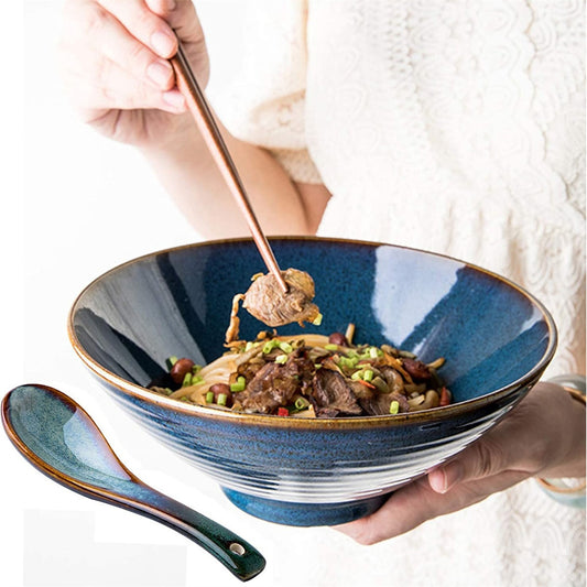 Blue Ceramic Ramen Bowl Set - With Spoon and Chopsticks 3 pcs - Udon Soup Bowl - Blue