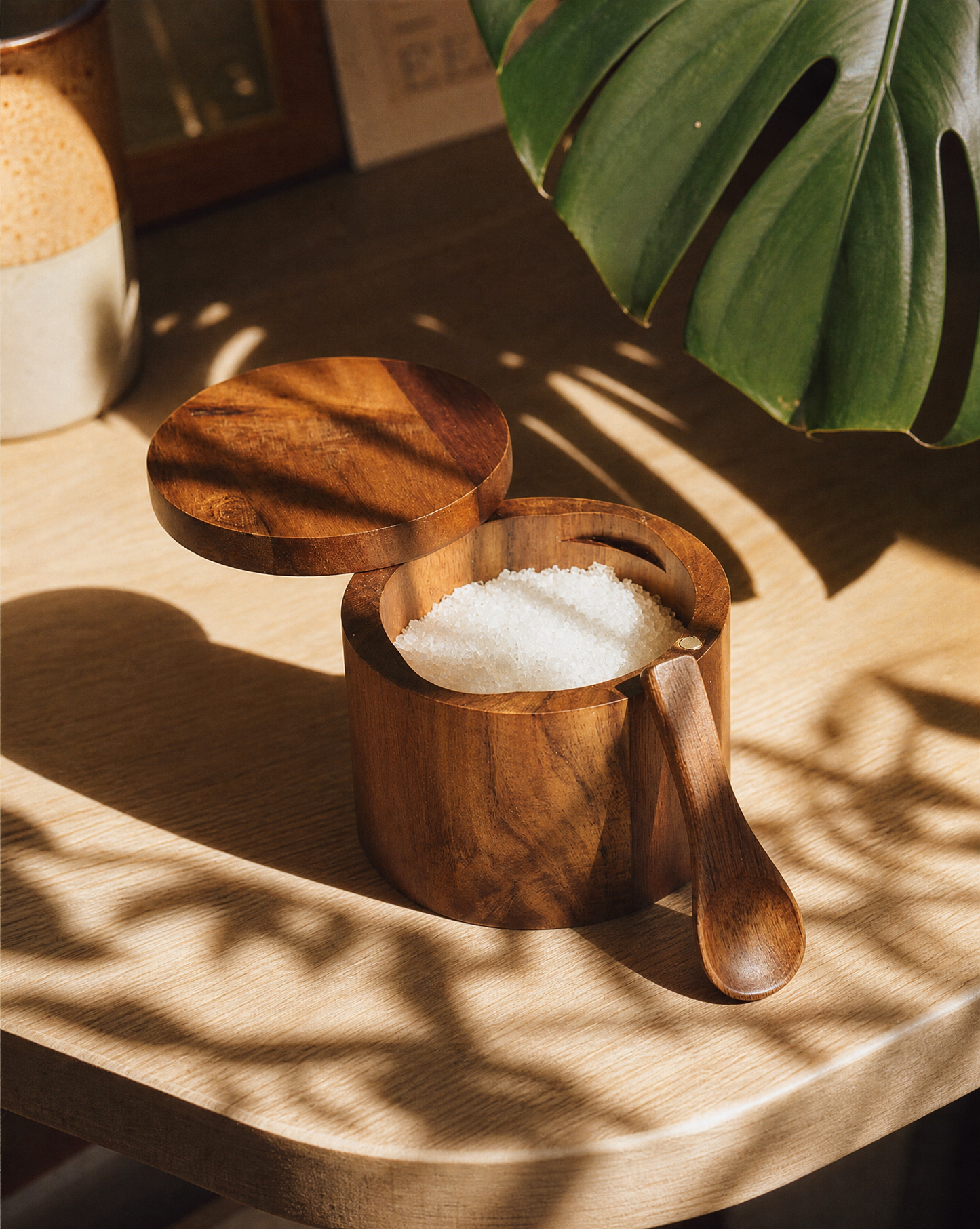 Wooden Salt Pig | Acacia Wood Condiment Jar with Lid and Measuring Spoon