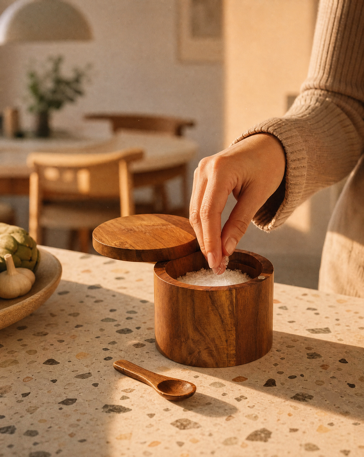 Wooden Salt Pig | Acacia Wood Condiment Jar with Lid and Measuring Spoon