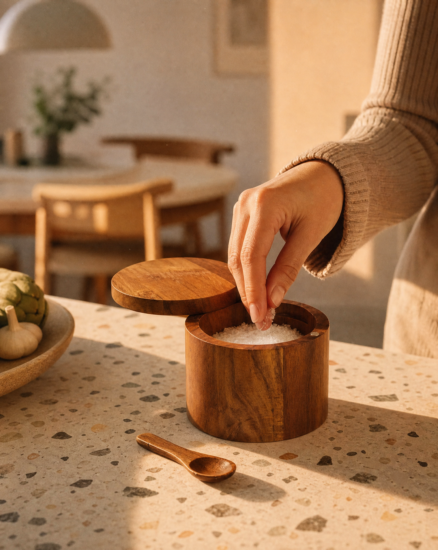 Wooden Salt Pig | Acacia Wood Condiment Jar with Lid and Measuring Spoon
