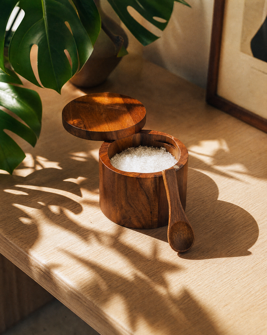 Wooden Salt Pig | Acacia Wood Condiment Jar with Lid and Measuring Spoon