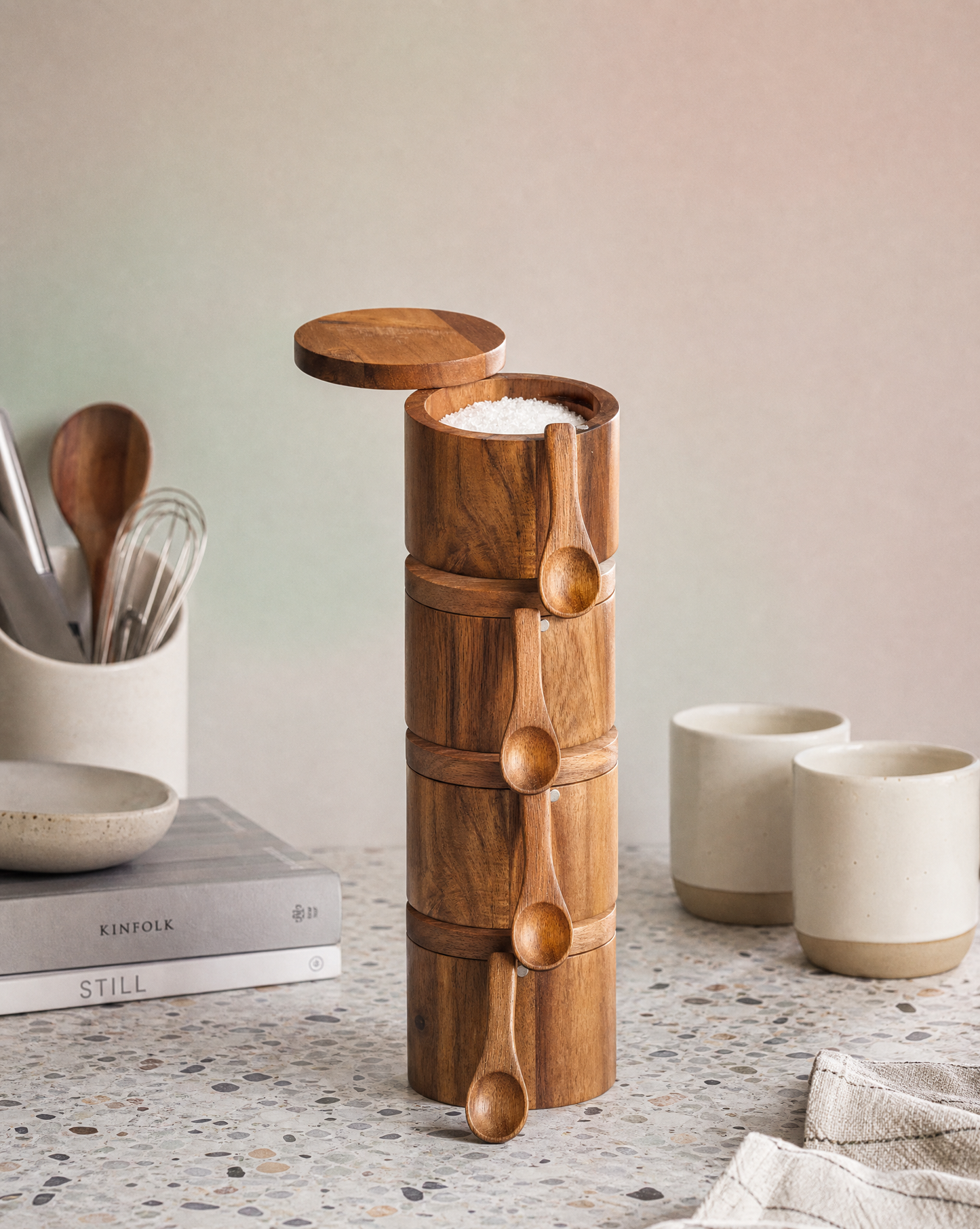 Wooden Salt Pig | Acacia Wood Condiment Jar with Lid and Measuring Spoon