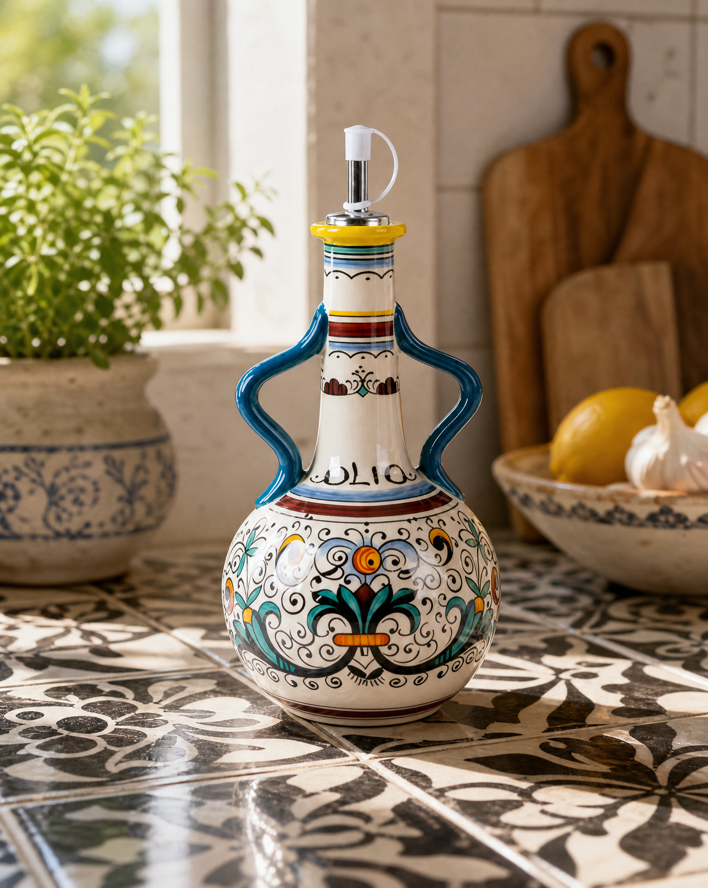 Ceramic Olive Oil Dispenser Bottle | Mediterranean Kitchen Oil Cruet - Mediterranean 500 ml