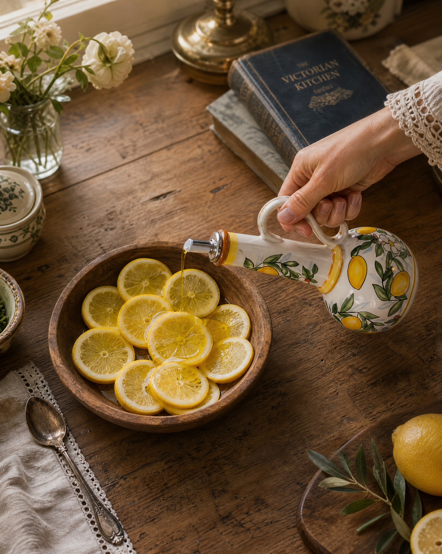 Ceramic Olive Oil Dispenser Bottle | Mediterranean Kitchen Oil Cruet - Lemons 500 ml