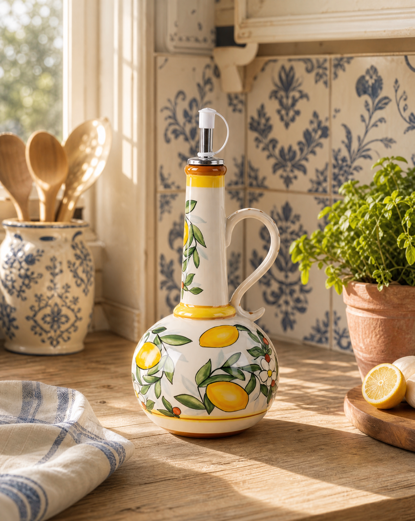 Ceramic Olive Oil Dispenser Bottle | Mediterranean Kitchen Oil Cruet - Lemons 500 ml