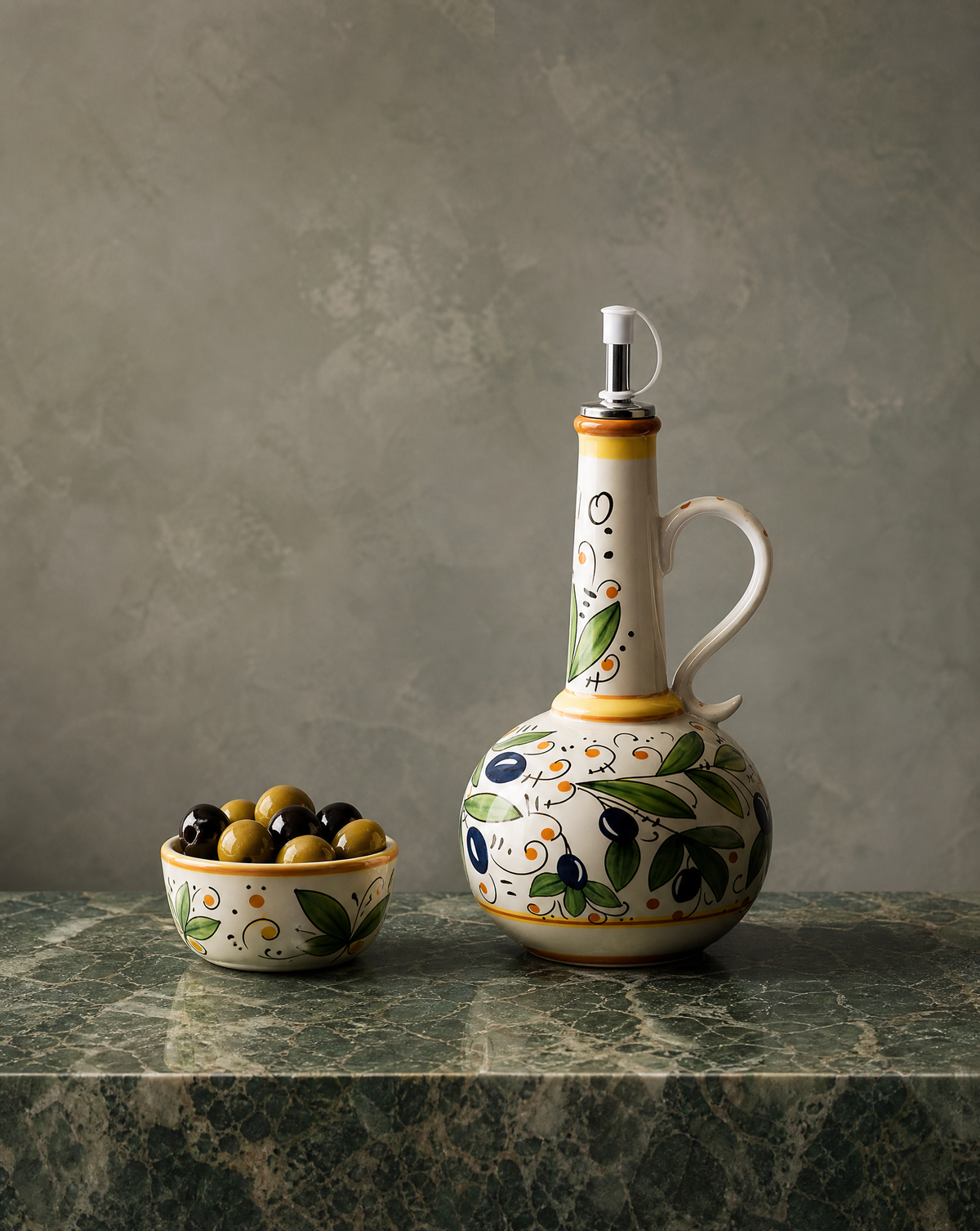 Ceramic Olive Oil Dispenser Bottle | Mediterranean Kitchen Oil Cruet - Olives 500 ml