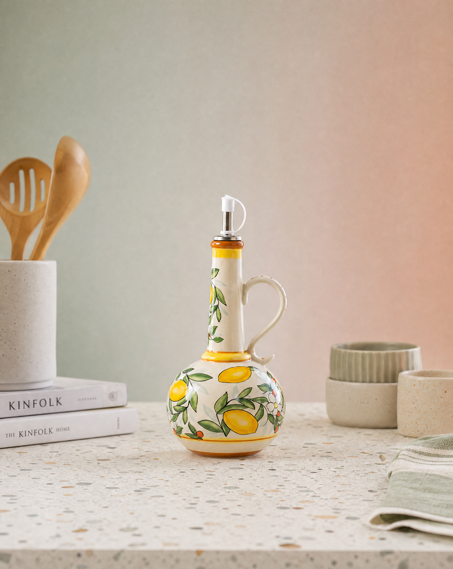 Ceramic Olive Oil Dispenser Bottle | Mediterranean Kitchen Oil Cruet - Lemons 500 ml
