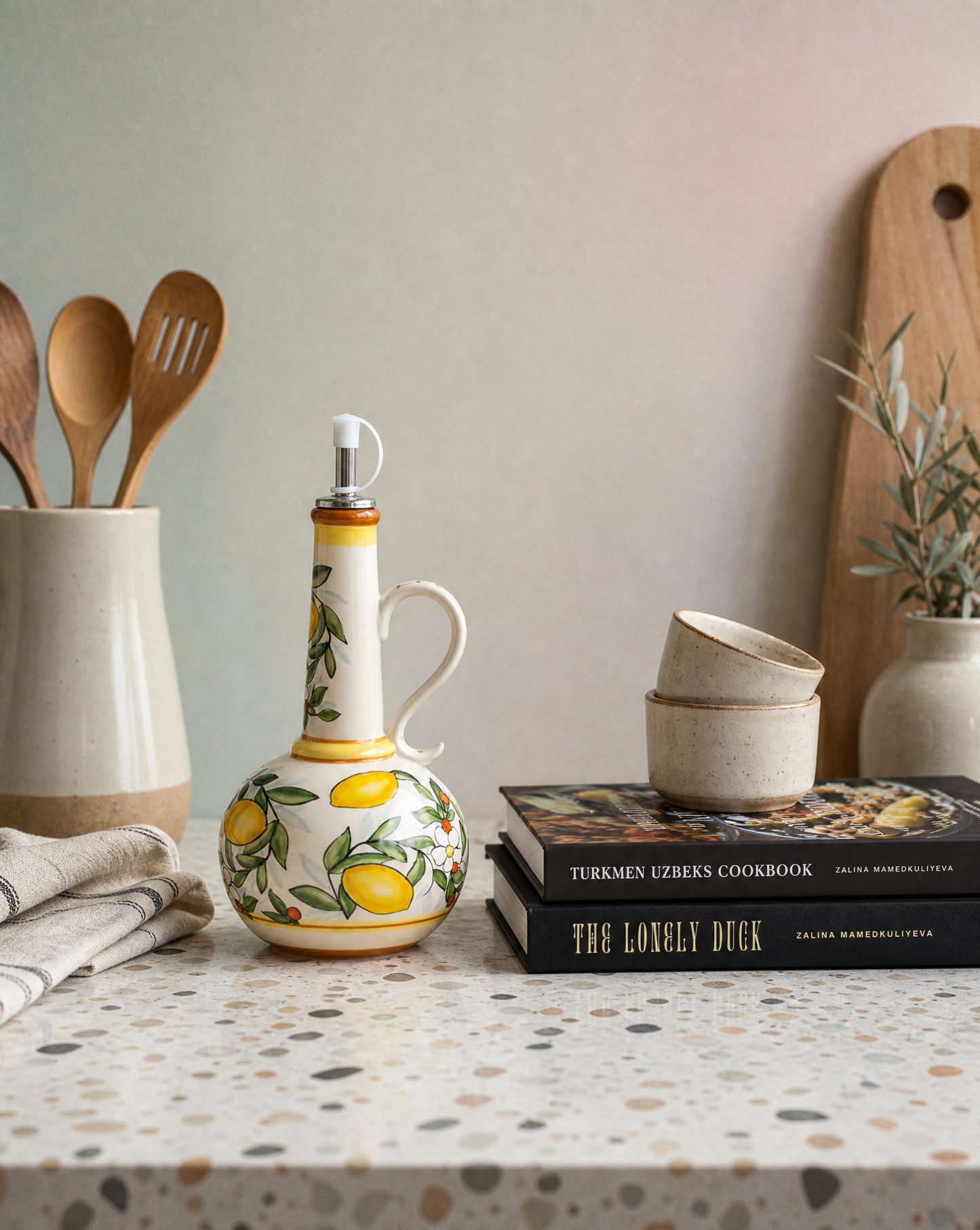 Ceramic Olive Oil Dispenser Bottle | Mediterranean Kitchen Oil Cruet - Lemons 500 ml