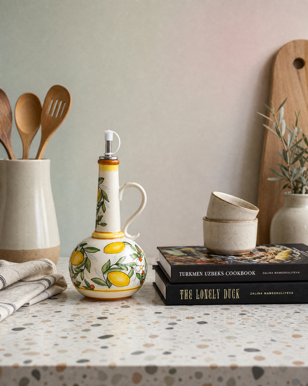Ceramic Olive Oil Dispenser Bottle | Mediterranean Kitchen Oil Cruet - Lemons 500 ml