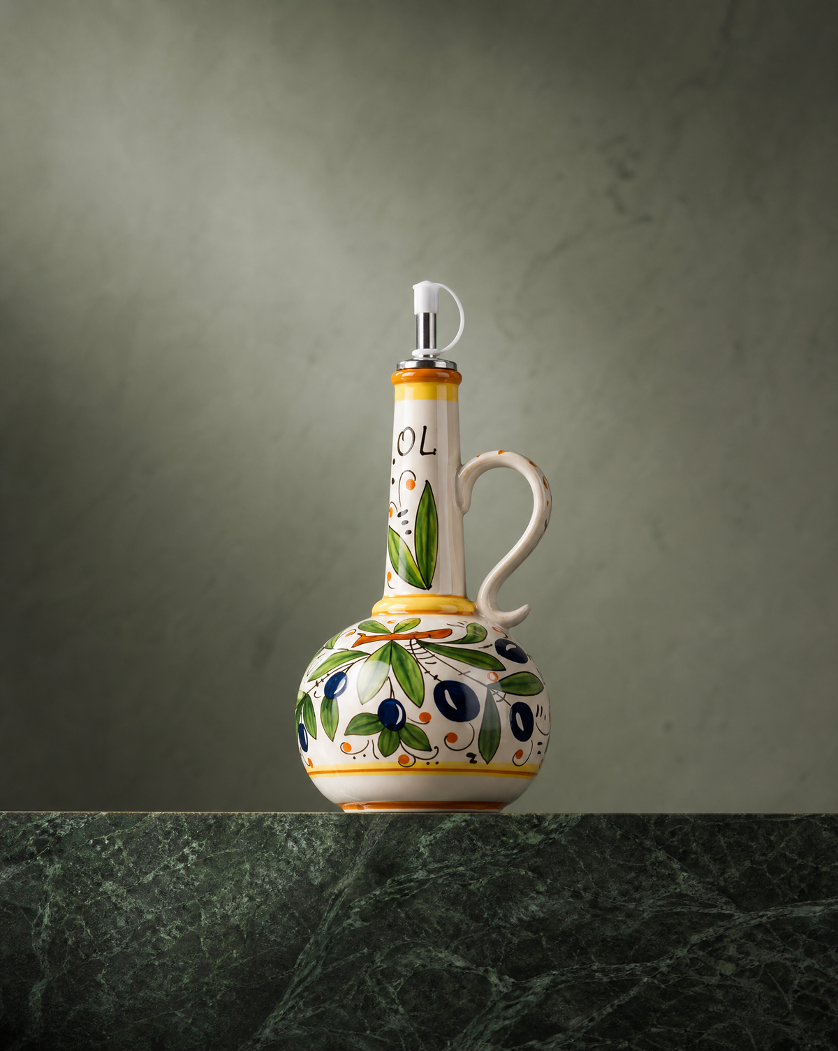 Ceramic Olive Oil Dispenser Bottle | Mediterranean Kitchen Oil Cruet - Olives 500 ml