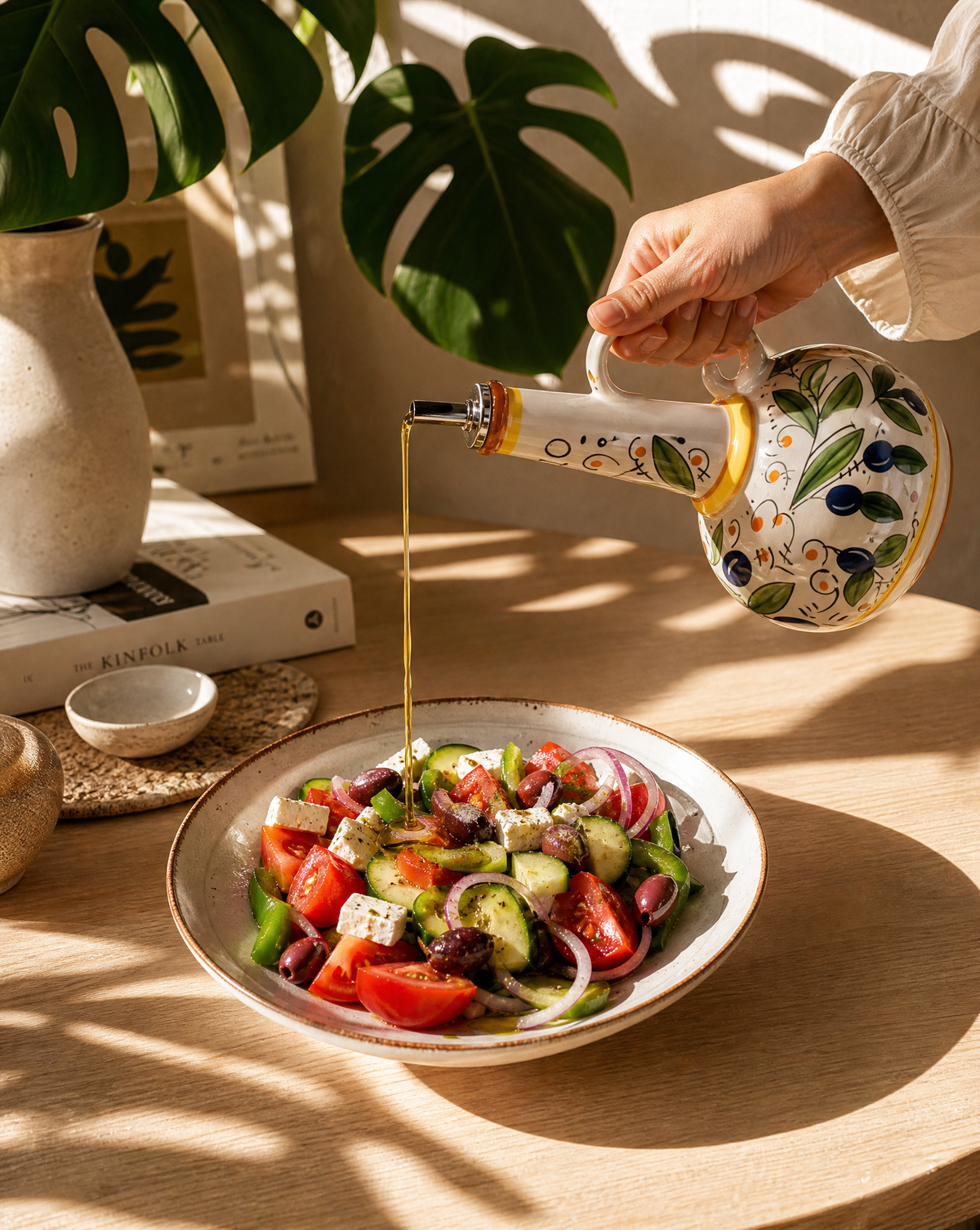 Ceramic Olive Oil Dispenser Bottle | Mediterranean Kitchen Oil Cruet - Olives 500 ml