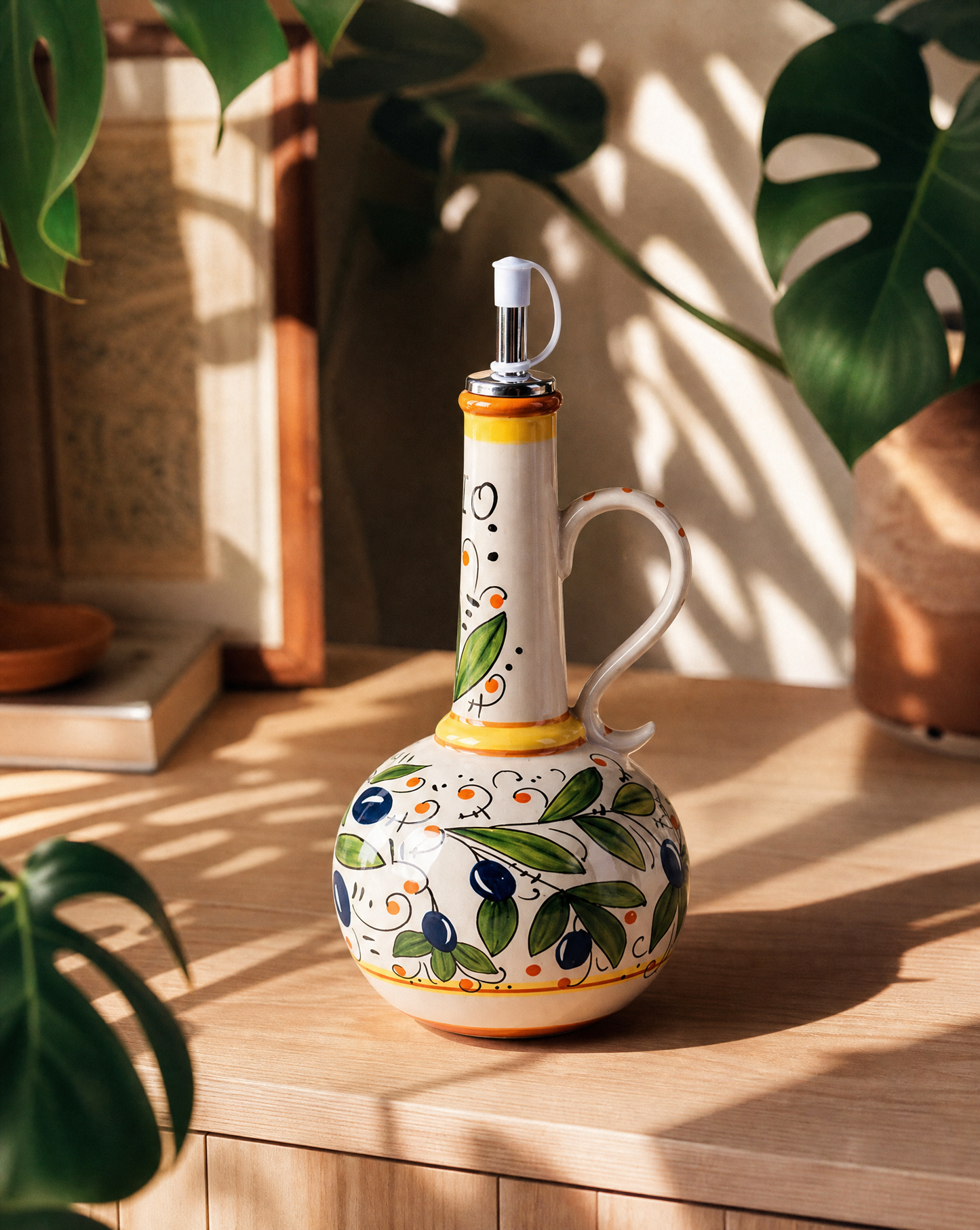Ceramic Olive Oil Dispenser Bottle | Mediterranean Kitchen Oil Cruet - Olives 500 ml