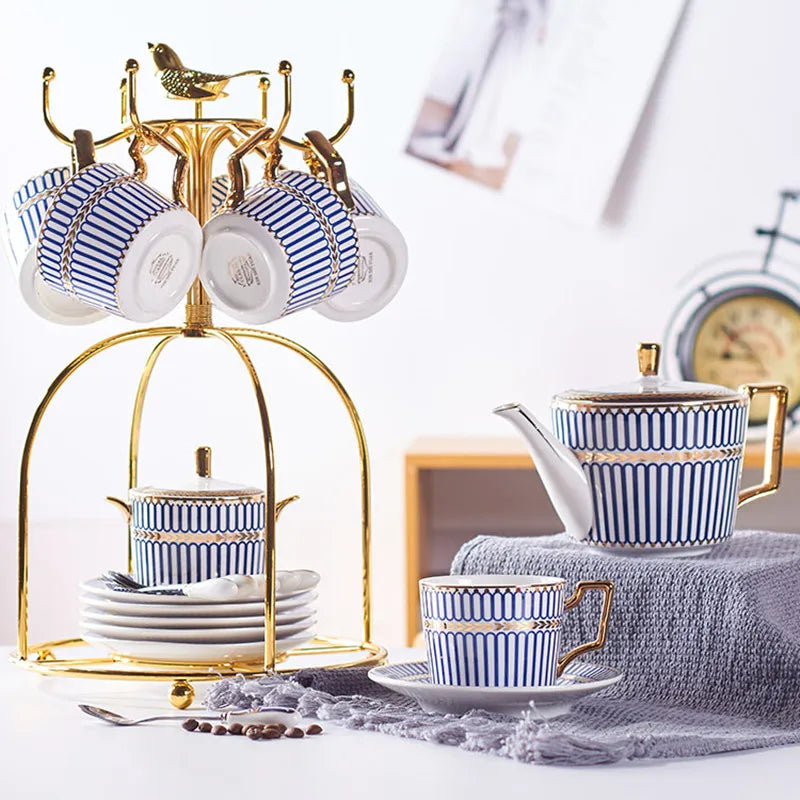 Fine Bone China Afternoon Tea Set with Gold Serving Stand – Blue & White Tea Service