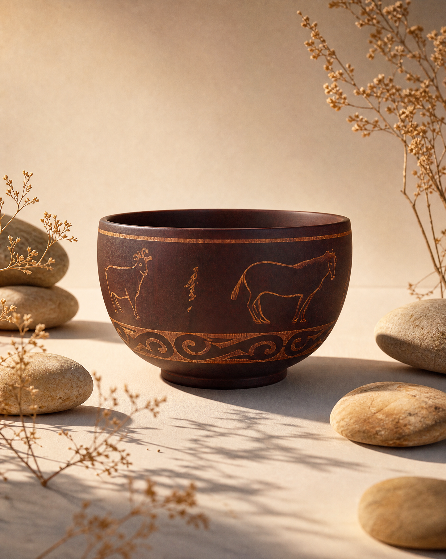 Wooden Bowl with Central Asian Carved Motifs 300 ml