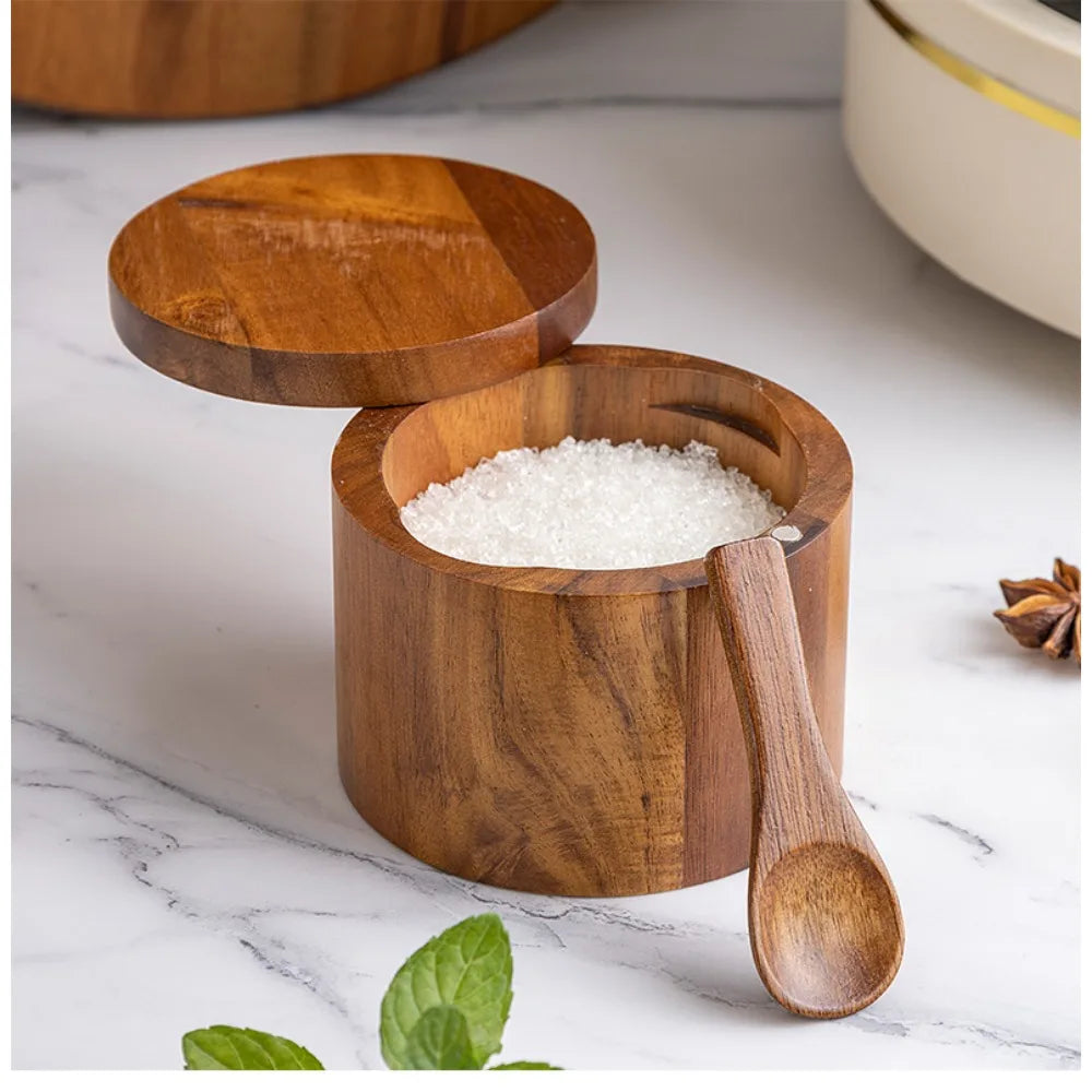 Wooden Salt Pig | Acacia Wood Condiment Jar with Lid and Measuring Spoon