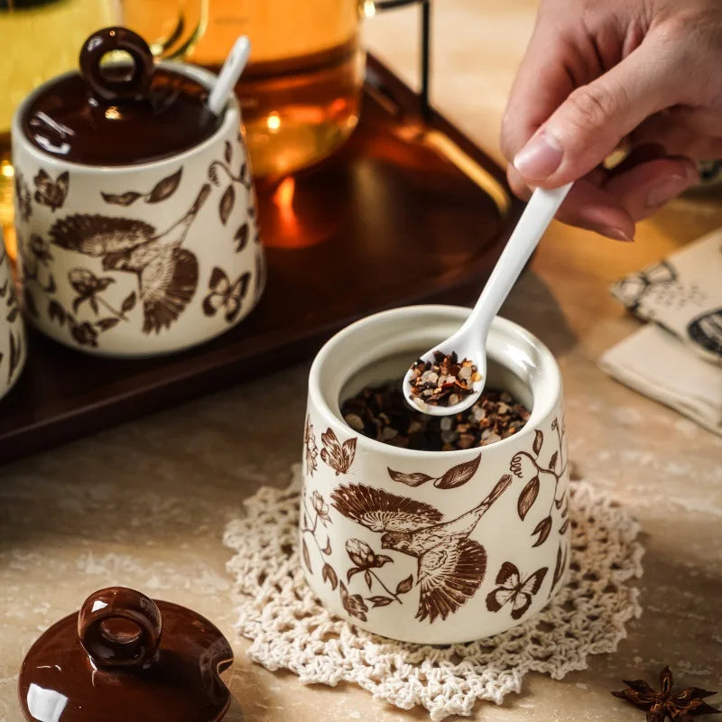 Set of 3 Ceramic Condiment Jars with Spoons