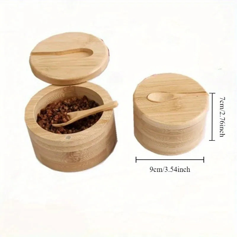 Wooden Salt Pig | Bamboo Condiment Box with a Spoon