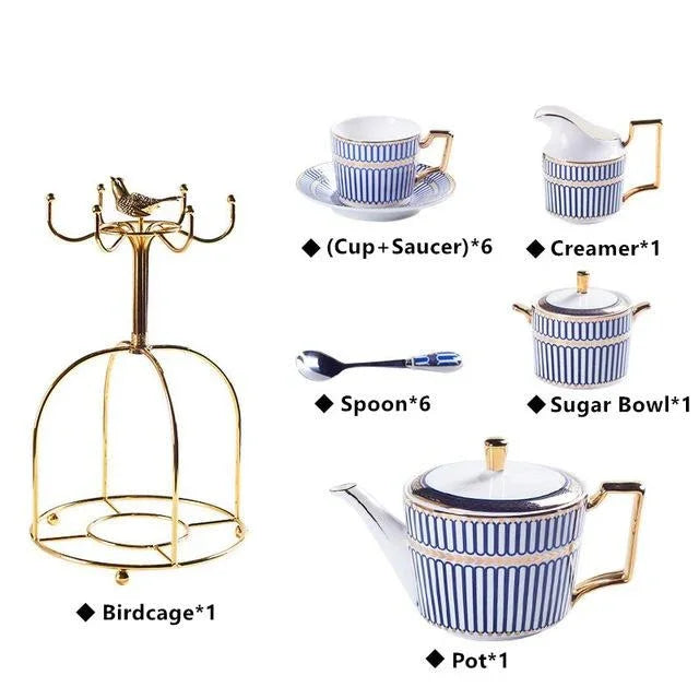 Fine Bone China Afternoon Tea Set with Gold Serving Stand – Blue & White Tea Service