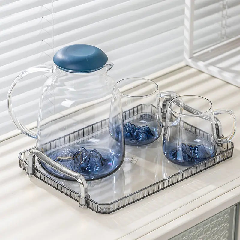 Glass Water & Tea Serving Set with Electric Warming Base – Glass Jug, Matching Glasses, Tray & Cup Holders