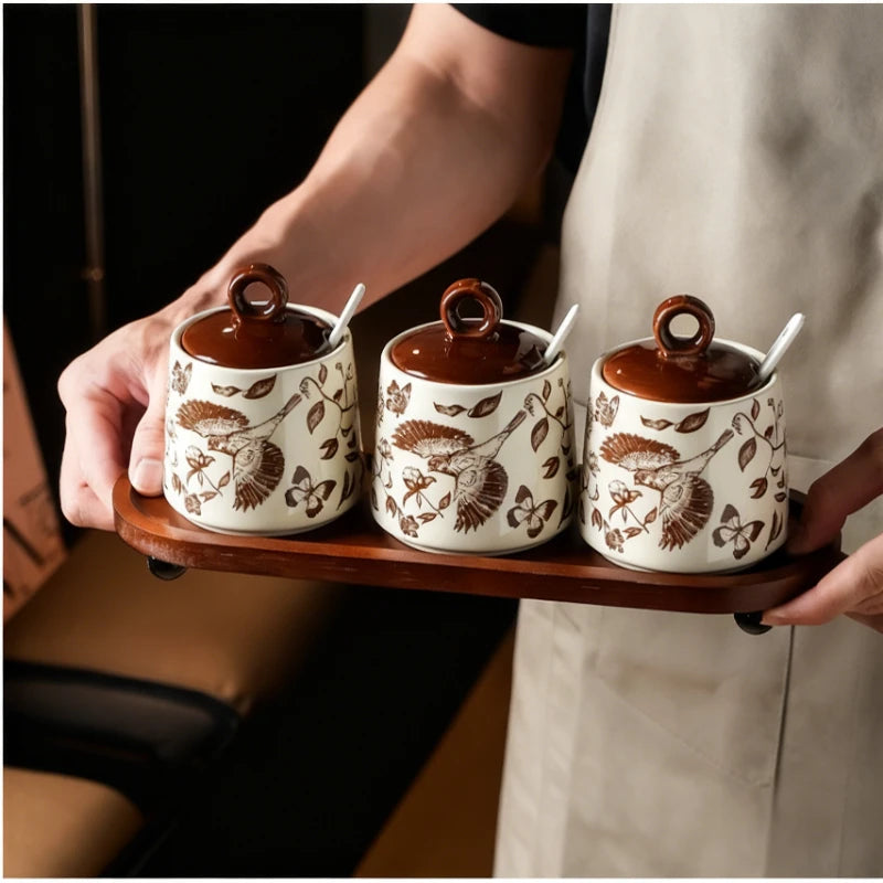 Set of 3 Ceramic Condiment Jars with Spoons