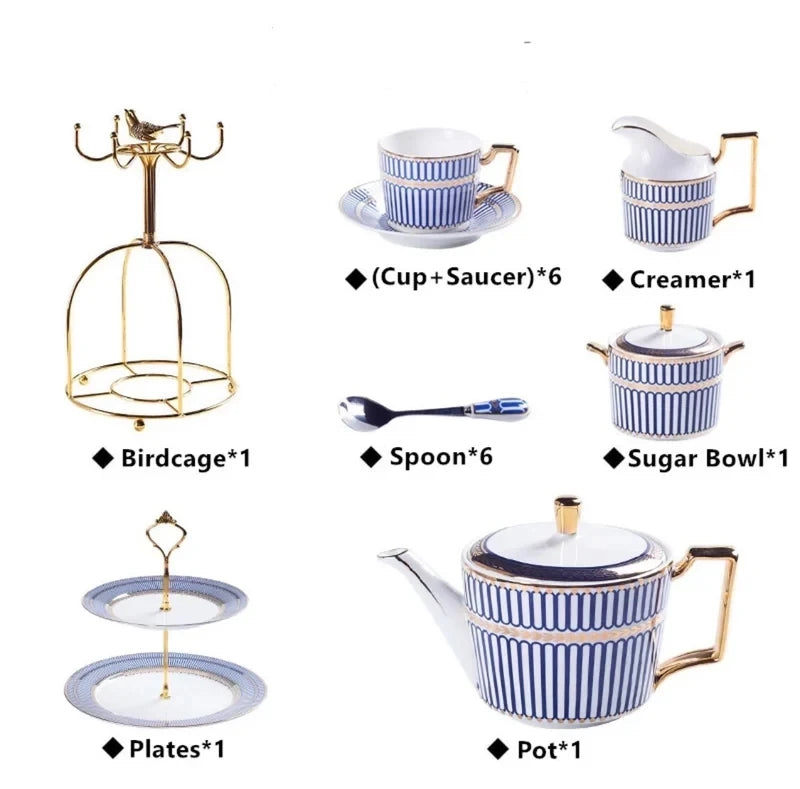 Fine Bone China Afternoon Tea Set with Gold Serving Stand – Blue & White Tea Service