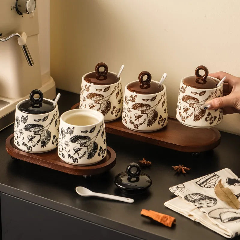 Set of 3 Ceramic Condiment Jars with Spoons
