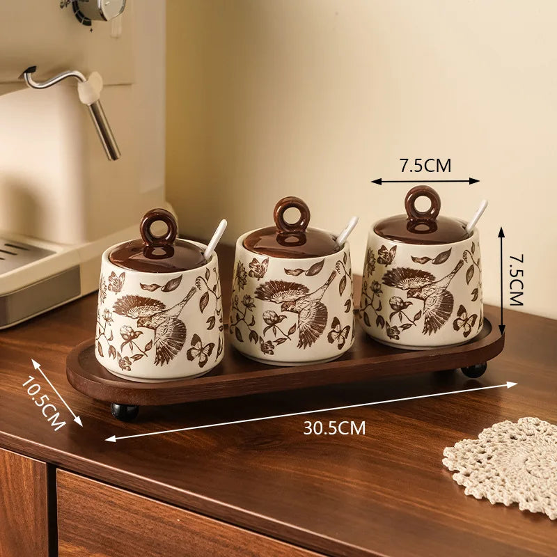 Set of 3 Ceramic Condiment Jars with Spoons