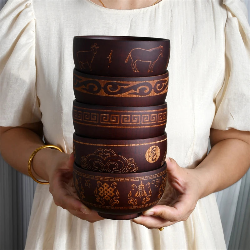 Wooden Bowl with Central Asian Carved Motifs 300 ml