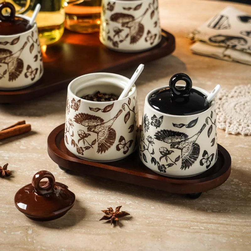 Set of 3 Ceramic Condiment Jars with Spoons