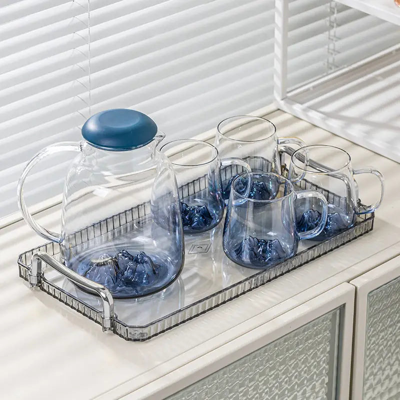 Glass Water & Tea Serving Set with Electric Warming Base – Glass Jug, Matching Glasses, Tray & Cup Holders