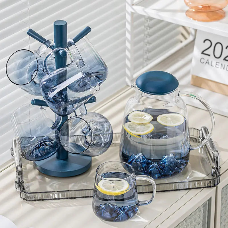 Glass Water & Tea Serving Set with Electric Warming Base – Glass Jug, Matching Glasses, Tray & Cup Holders