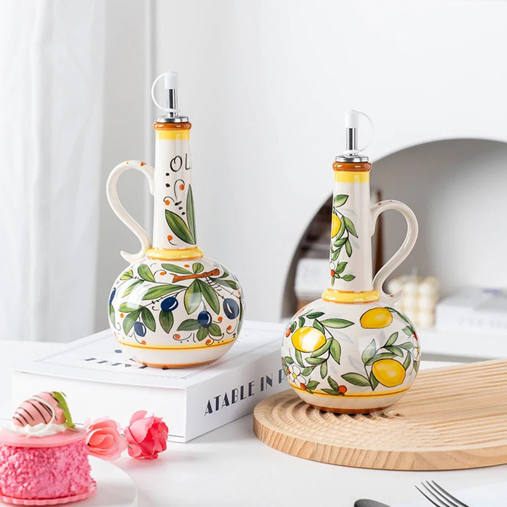 Ceramic Olive Oil Dispenser Bottle | Mediterranean Kitchen Oil Cruet - Olives 500 ml