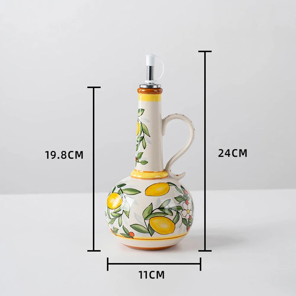 Ceramic Olive Oil Dispenser Bottle | Mediterranean Kitchen Oil Cruet - Lemons 500 ml