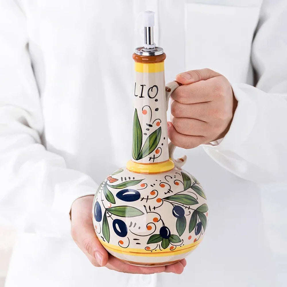Ceramic Olive Oil Dispenser Bottle | Mediterranean Kitchen Oil Cruet - Olives 500 ml