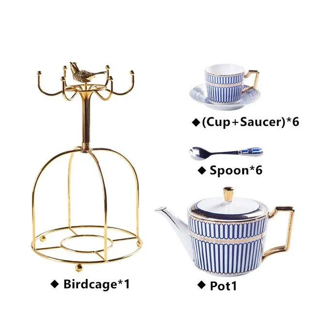 Fine Bone China Afternoon Tea Set with Gold Serving Stand – Blue & White Tea Service