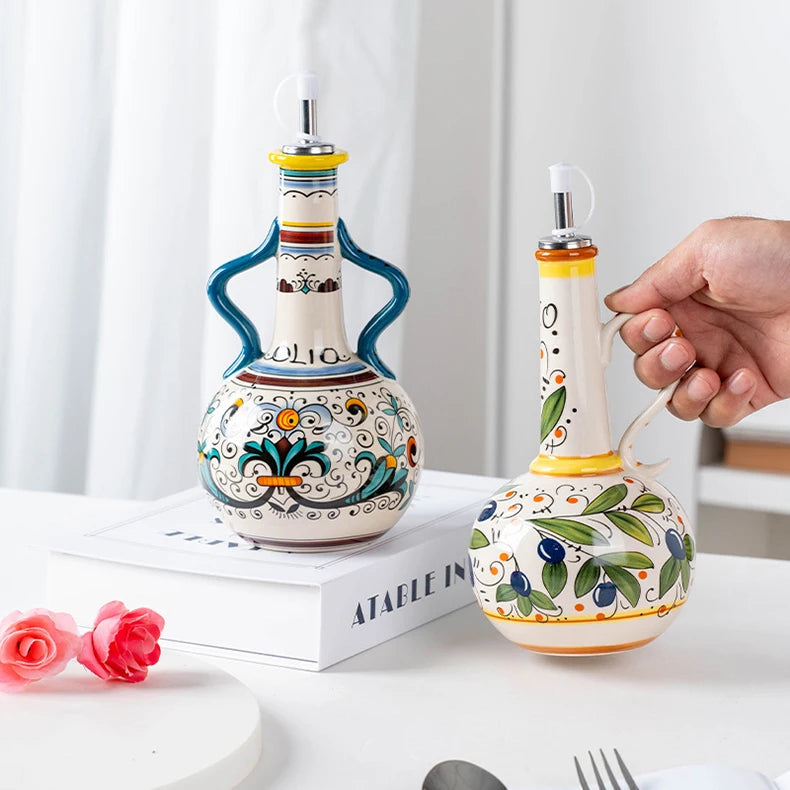Ceramic Olive Oil Dispenser Bottle | Mediterranean Kitchen Oil Cruet - Mediterranean 500 ml