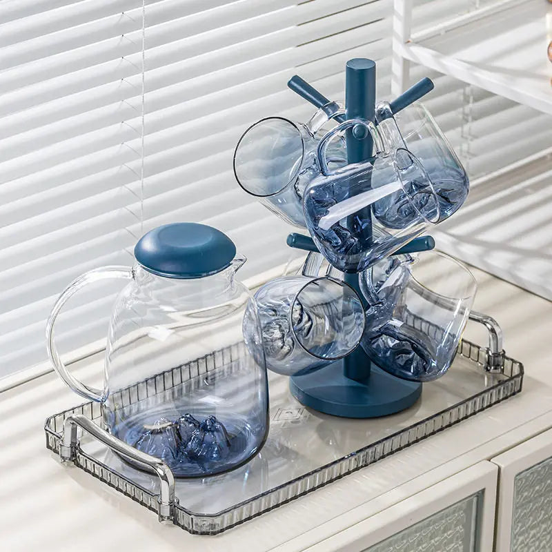 Glass Water & Tea Serving Set with Electric Warming Base – Glass Jug, Matching Glasses, Tray & Cup Holders