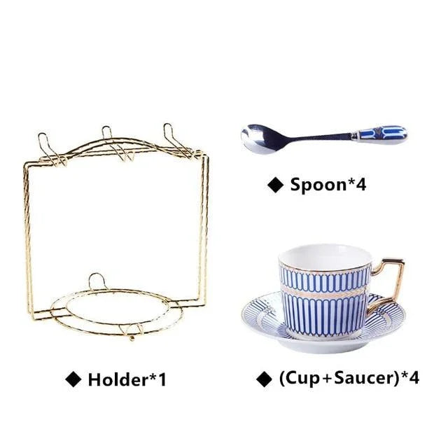 Fine Bone China Afternoon Tea Set with Gold Serving Stand – Blue & White Tea Service