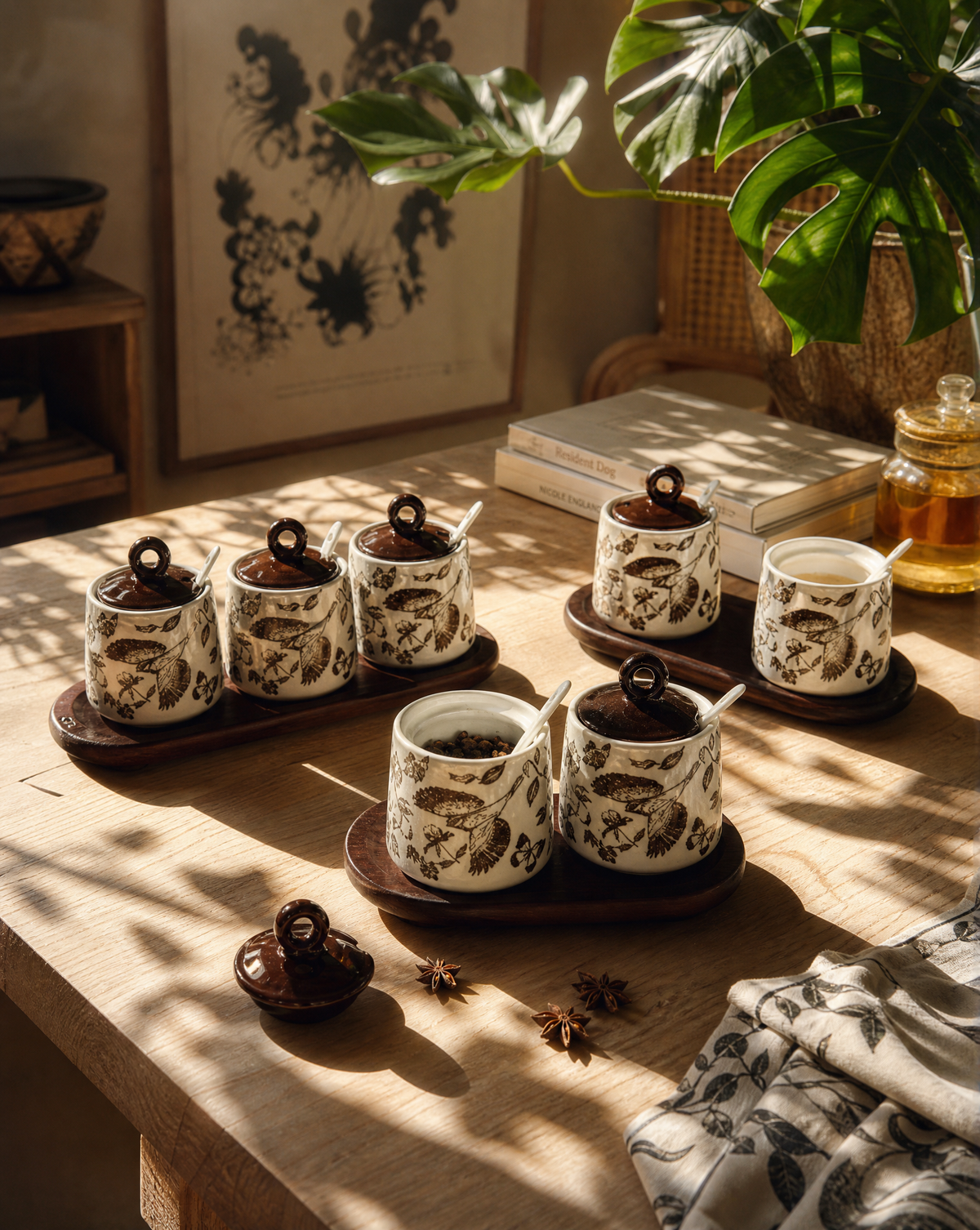 Set of 3 Ceramic Condiment Jars with Spoons