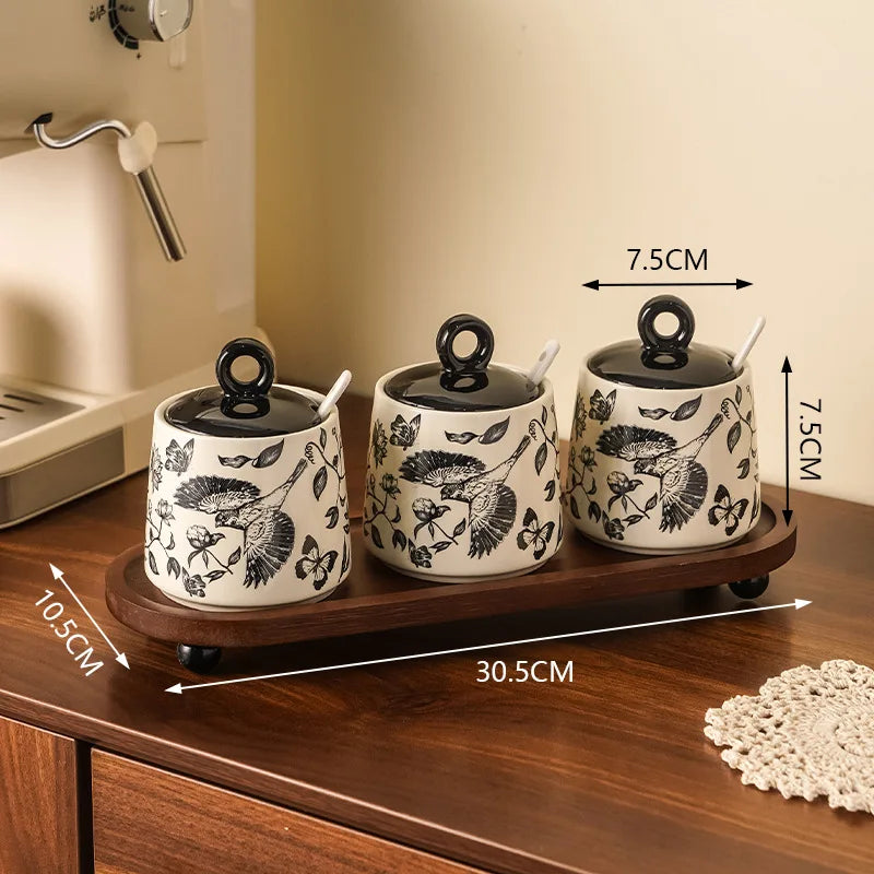 Set of 3 Ceramic Condiment Jars with Spoons