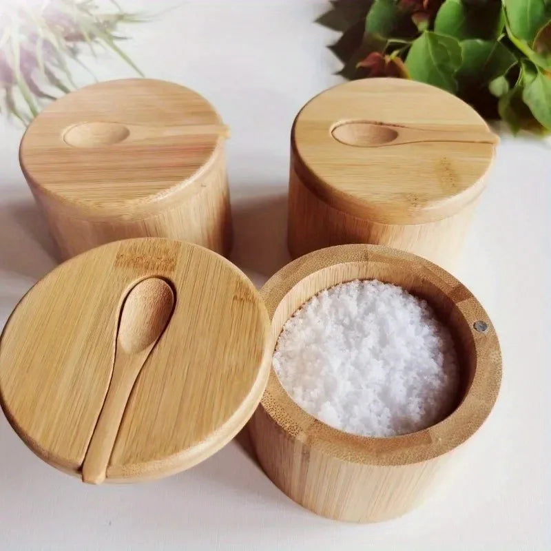 Wooden Salt Pig | Bamboo Condiment Box with a Spoon