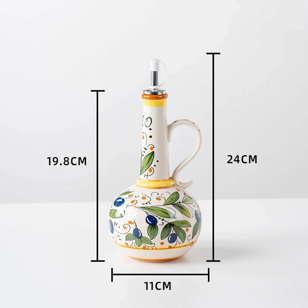 Ceramic Olive Oil Dispenser Bottle | Mediterranean Kitchen Oil Cruet - Olives 500 ml