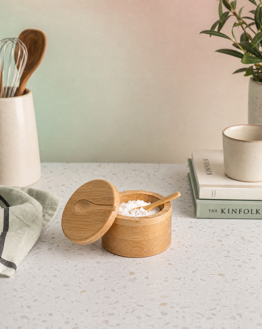 Wooden Salt Pig | Bamboo Condiment Box with a Spoon